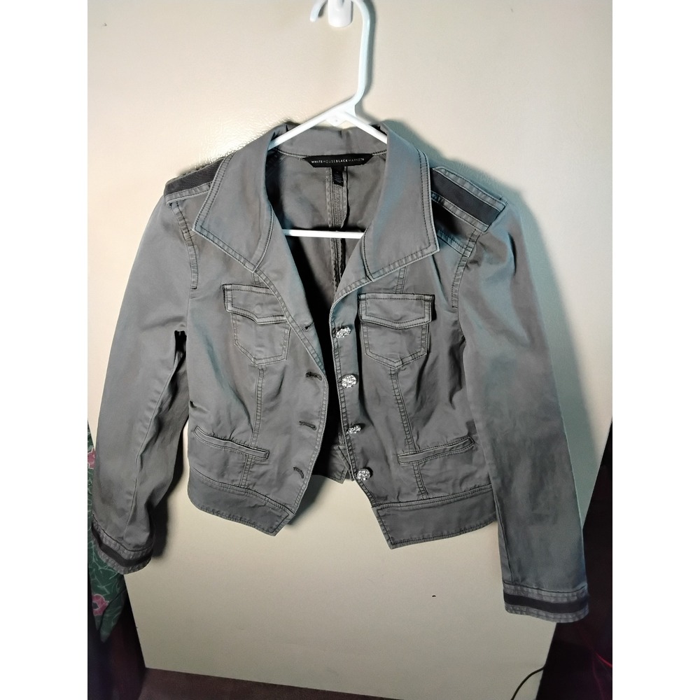 White House Black Market Grey Military Utility Jacket Rhinestone Buttons Sz 4